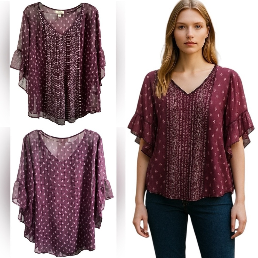 Style & Co. Maroon Printed V-Neck Flutter Sleeve Blouse